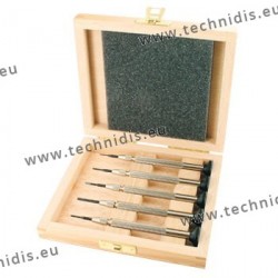 Set of screwdrivers with screw chuck and simple handle in wooden storage box