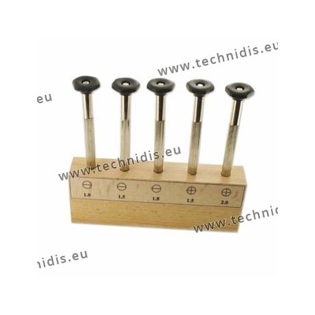 Set of screwdrivers with screw chuck and simple handle on wooden support